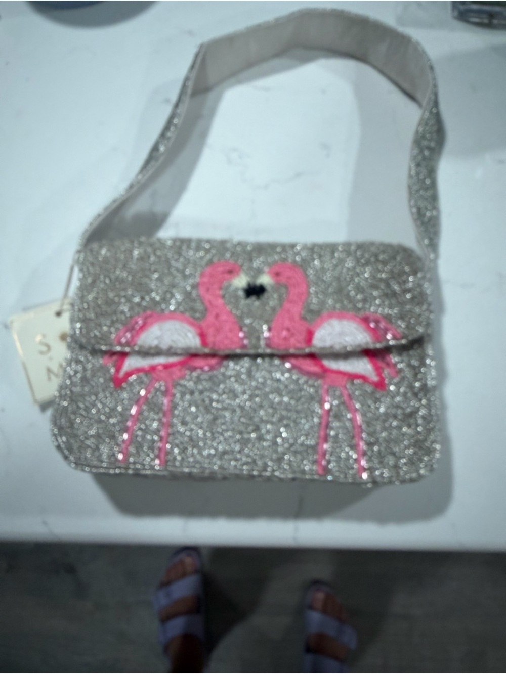 SILVER BEADED FLAMINGO PURSE / FREE SHIPPING